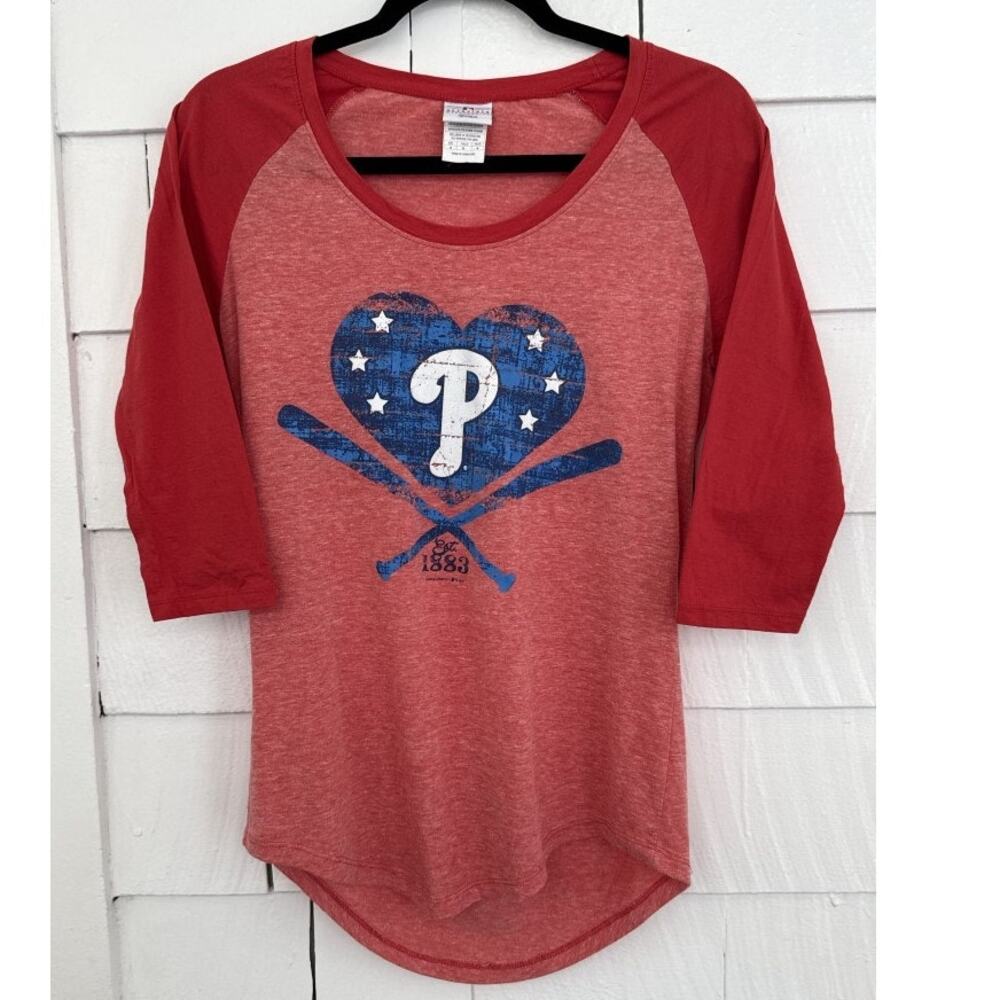 Campus LifeStyle Womens M Phillies Logo Graphic Tee Blue Heart Star Bat Est 1883